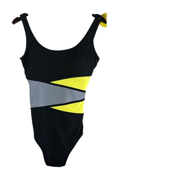 NEW It Figures! Sz 12 Large Swimsuit One Pc. Black Neon Tummy Thinner Slimming - Picture 1 of 4